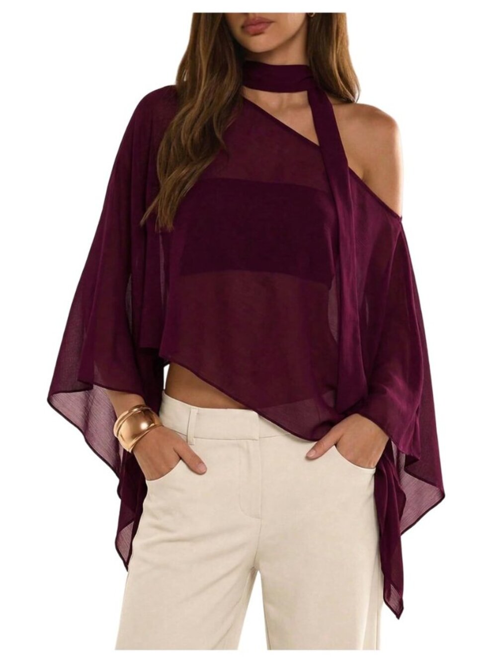 Women's Poncho Top Off The Shoulder Tops Y2k Flowy with Scarf